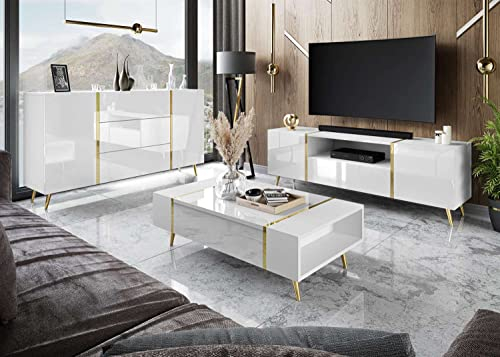 lukmebel Onyx Wohnzimmerset Auf Goldenen Beinen DREI Elemente Elegantes Und Modernes Design Leicht Zu Reinigen Abrieb- Und Kratzfest Laminierte Platte Weiß