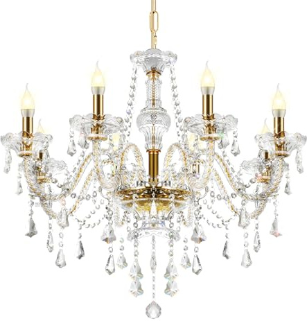 Ridgeyard Lustre à Bougie Luxueux en Cristal, Luminaire Moderne à Suspension à Goutte de Pluie en Verre, 10 Lumières pour Plafond, Or