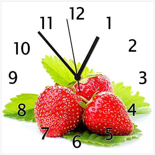 Wallario Design-Wanduhr Frische rote Erdbeeren für die Küche aus Glas, Motiv-Uhr Größe 30 x 30 cm, Schwarze Zeiger