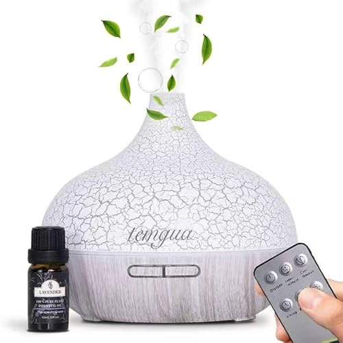 temgua essential oil diffuser with 1lavender essential oil,500ml cracked diffuser ultrasonic Humidifier for home remote control aromatherapy diffuser, auto-off, 7LED light colors(white wood grain)