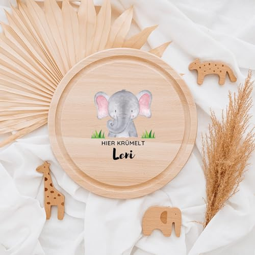Wunderwunsch Frühstücksbrettchen, Kinder Holzbrett personalisiert rund | Brettchen hier krümelt, Scheidebrett, Holzbrettchen mit Namen, Geschenk Einschulung, Junge, Mädchen, Kind, Frühstücksbrett