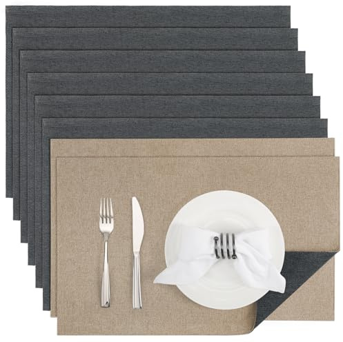 Banchif Tischsets abwaschbar doppelseitig Platzset Platzdecken abwaschbar | Platzsets abwaschbar Leinenimitat 8er Set doppelseitige Tischsets maschinenwaschbar rechteckig Platzdecken (Grau-hell Brown)