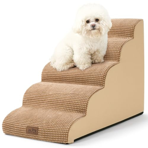 COZY KISS Hundetreppe für Kleine Hunde 57cm, Haustiertreppe für Hochbett aus Hochdichtem Schwamm, Hunde Treppe Hunderampe mit Waschbarem Bezug und Rutschfestem Boden, 40x84x57cm, 5 Stufen, Hellbraun