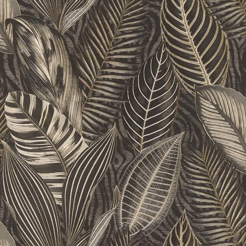 Rasch Tapete 751833 - Vliestapete mit großen Blättern in Schwarz, Grau und Gold Metallic aus der Kollektion African Queen III