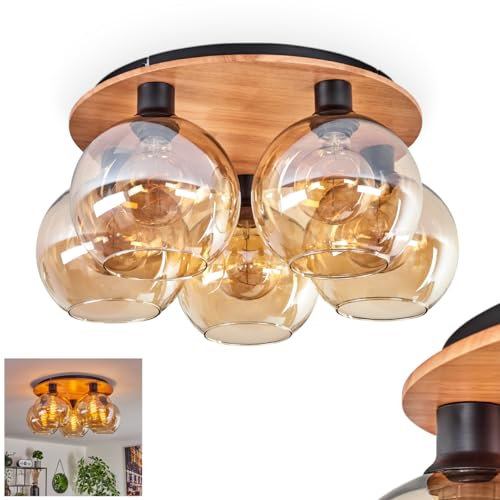 Deckenleuchte Koyoto, Deckenlampe aus Metall/Holz/Glas in Schwarz/Natur/Bernsteinfarben, Leuchte im Retro/Vintage-Design mit Schirmen aus Glas (Ø 20 cm), 5 x E27, ohne Leuchtmittel