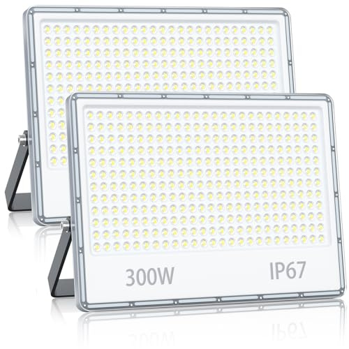 YIQIBRO Proiettore di sicurezza a LED da 300 W - 30000 lm, IP67, impermeabile, per esterni, 7000 K, luce bianca fredda, alimentazione a rete, per giardino, patio, cortile (confezione da 2)