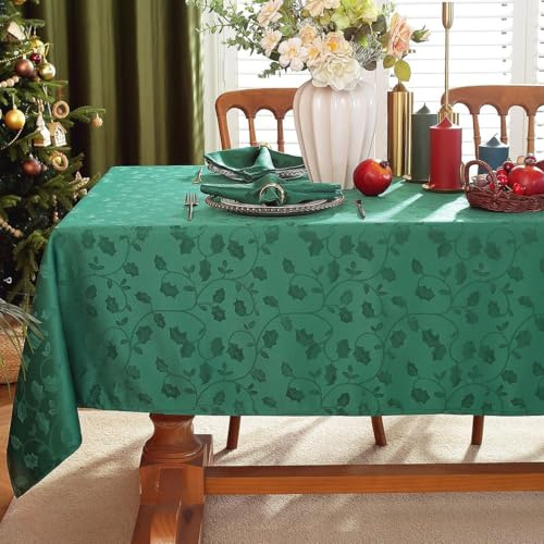 SASTYBALE Tovaglia natalizia rettangolare, in tessuto jacquard, resistente alle fuoriuscite e alle pieghe, con motivi di foglie di agrifoglio, per sala da pranzo e decorazione per le vacanze (colore