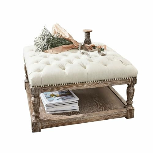 Loberon Hocker Henrya, Elegante Chesterfield-Steppung, Gedrechselte Füße, Nostalgischer Charakter, Sitzgelegenheit, Eschenholz, Baumwolle, Leinen, beige
