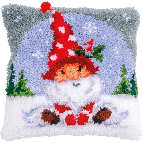 VERVACO Knüpfkissen Set Deko Kissenbezug Knüpfset für Anfänger WEIHNACHTSGNOM IM SCHNEE Basteln Erwachsene Kreativ DIY Handarbeit Kissen zum Selber Knüpfe 40 x 40 cm Latch Hook Kit Knüpfhaken Set