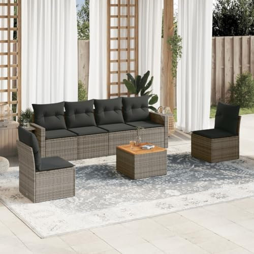 THOYTOUI 7-TLG. Garten-Sofagarnitur, Garten Bar Set Möbelsets Gartenmöbel Set Lounge Gartengarnitur Set Geeignet für Terrasse Garten Balkon Veranda mit Kissen Grau Poly Rattan