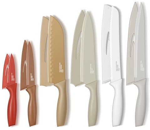 TEAMFAR Küchenmesser Set, 6-teilig Edelstahl Messer Set mit Schutzhülle, Scharfe Messerset mit Kochmesser Brotmesser Santokumesser Fleischmesser Schälmesser Allzweckmesser, Antihaftbeschichtet, Bunt