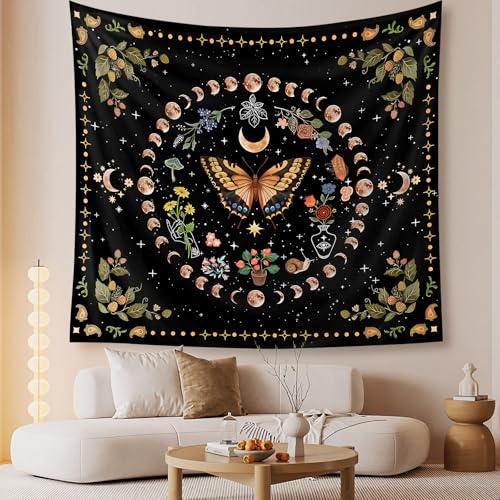 Zodight Arazzo da Parete, Tapestry Wall Hanging con Piante e Fiori Luna, Stampa della Farfalla Gialla, Utilizzato in Camera da Letto, Soggiorno, Copriletto, Decorazione Murale