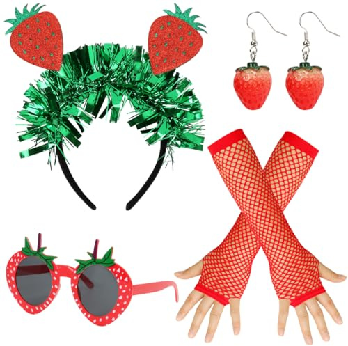 O-Kinee Disfraz de Fresa para Mujer,Diadema de Fresa con Gafas,Guantes y Pendientes,Ropa con Temática de Frutas,Accesorios para Disfraz para Fiestas Temáticas,Carnavales y Festivales