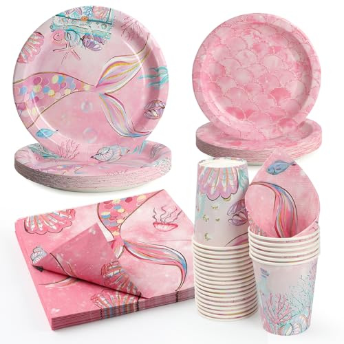 PARTY GO Partygeschirr 96 Stück Rosa Meerjungfrauenschwanz Geburtstag Party Teller Party Supplies Set enthält Pappteller Servietten Besteck für Geburtstag Party Dekorationen Baby Dusche-24 Gäste