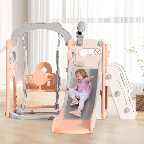 Juego de juguetes para niños pequeños con soporte de baloncesto, caja de almacenamiento, tobogán independiente, zona de juegos de jardín para niños pequeños (6 en 1 rosa)