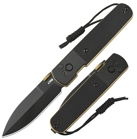 CJRB Locust Folding Knife, 3.15'' AR-RPM9 Steel Blade Pocket Knife with Black PVD Steel&G10 Inlay Handle, Button Lock with Safety Switch EDC Knife for Men Women Camping Hiking(1951-BG)