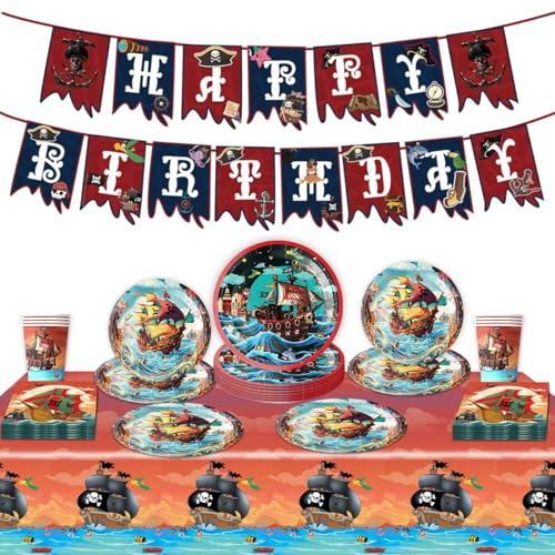 Piraten Geburtstag Geschirr Set,Piratenschiff Partygeschirr Set Pappteller geburtstag,Piratenschiff Partyteller für 10 Gäste geburtstag Party Geschirrset