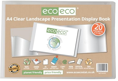 eco-eco A4 50% återvunnen, 20 fickors klart landskap presentationsbok, förvaringsfodral, portfölj, konstmapp med plastfodral, eco175