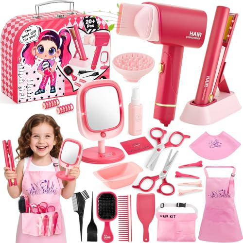 Toylink Hairdressing Set for Girl, Pretend Makeup Sets for Girls with Hair Dryer, Straightener, Mirror, Scissors and Storage Case, Role Play Kids Make Up Girls Toys Age 3 4 5 6 7 8