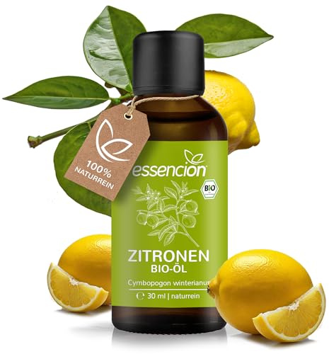 essencion BIO Zitronenöl 30ml | reines ätherisches Öl aus frischen Zitronen | 100% Natürlich geeignet für den Verzehr bei Kochen & Backen - als Duftöl – Zum Einnehmen | Lemon Oil kaltgepresst
