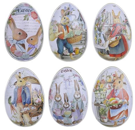 6 scatole per biscotti in metallo per uova di Pasqua, caramelle, uova di Pasqua decorativa, decorazioni di Pasqua, scatole per biscotti, scatola di metallo coniglio retrò con coperchi, caramelle di
