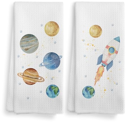 NOQL Out Space Nursery Toddler Room Decor Drying Cloth Hand Dish Towels for Kids Boys Room, Boys Space Gifts Hand Towels, Planet Rocket Bathroom Kitchen Towels and Dishcloths Set of 2, 16x24 Inch