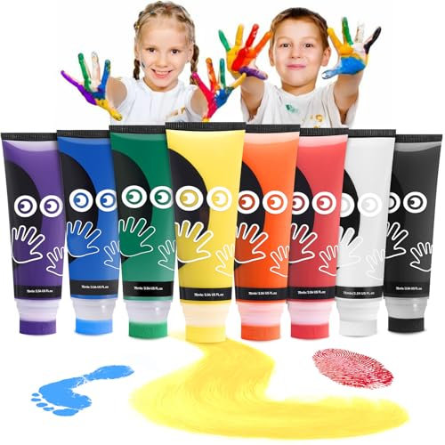 Taricor Lot de 8 peintures au doigt non toxiques pour enfants, 8 x 75 ml de peinture au doigt, avec embout éponge, pour empreintes de mains et pieds, cadeau pour l'éducation précoce des enfants