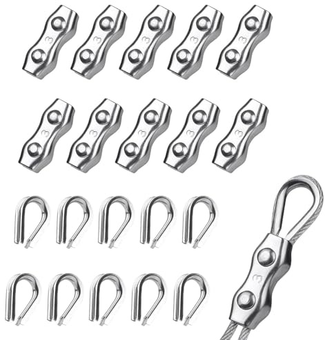 10 Stück Seilklemmen 3mm und 10 Stück Kauschen, Seilklemme, Drahtseilklemme 3mm, Drahtseilklemmen, Edelstahl Drahtseilklemme für Stahlseil Drahtseil Wäscheleine Markise Fixiert