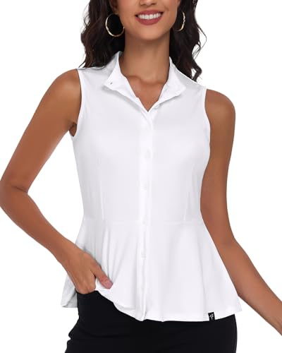 Soneven Camicia da donna elegante con colletto alto, senza maniche, polo da golf, canotta estiva, traspirante, bianco, L