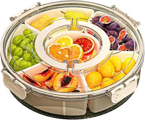 AEYBFGD Snackbox mit Fächern, drehbare mit Deckel und Griff, runder Snackbox-Organizer zur Aufbewahrung von Obst und Gemüse, Keksen, Nüssen, Desserts, Gewürzen