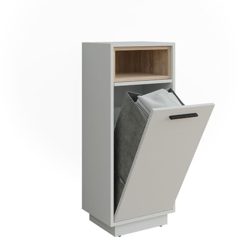 Vicco Wäscheschrank Beatrice, Weiß/Sonoma, 38 x 93 cm | mit herausnehmbarer Innentasche, mit integriertem Wäschekorb zur Aufbewahrung von Schmutzwäsche