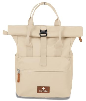 travelite Mochila de equipaje de mano, mochila para ordenador portátil de 14 pulgadas, Basic Short Handle Rollup, mochila de viaje, función Rolltop, Off-Blanco