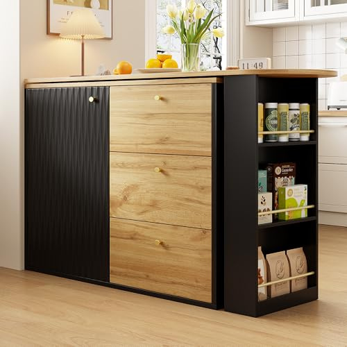 NovaFurnish Mesa de bar extensible con espacio de almacenamiento (138 – 204 × 39 × 104 cm), comestible giratorio 360°, moderna mesa de bar móvil, mesa alta de cocina, isla de cocina, aparador con