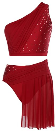 Sinleey Zeitgenössischer Tanzanzug Für Damen Mit Strass Glitzerndes Set Top Und Rock Short Latin Tanz Kostüm Eiskunstlauf Gymnastik