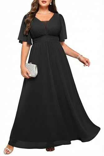 Talisea Formelle Kleider in Übergröße – V-Ausschnitt, Flatterärmel, Abendkleid, Brautjungfer, Hochzeit, Gäste, Chiffon, langes Maxikleid, Schwarz, 48 Mehr