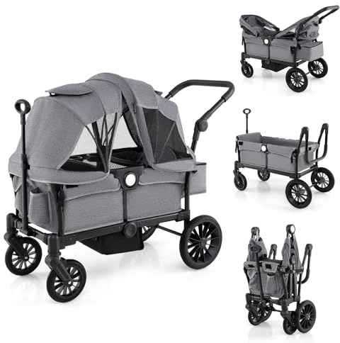 COSTWAY Stroller Wagon for 2 Kids, Push Pull Double Stroller with Adjustable Handle, Removable Canopy, Cup Holder, Food Tray, 3-Point Harness, Folding Camping Cart Trolley (Gray)