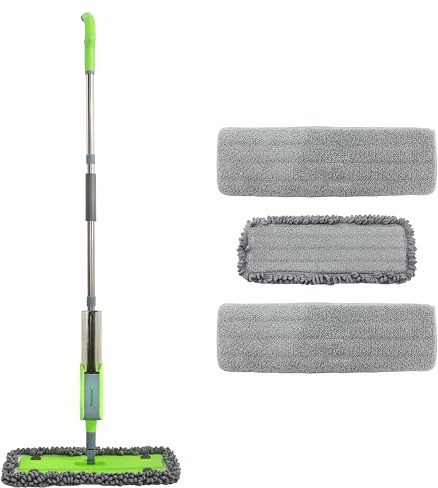 Mopa con spray para limpieza de suelos, trapeador ligero con 3 almohadillas de limpieza de microfibra (2 regulares, 1 con borde esponjoso), botella recargable, ideal para suelos de madera dura