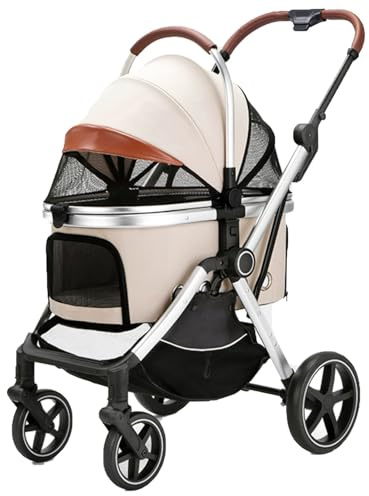 Hundebuggy Für Große Hunde, Hundewagen Für Mittelgroße Hunde Bis 15 Kg, Mit Getränkehalter, Regenschutz, Extragroßem Aufbewahrungskorb(Beige)