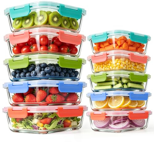 MEETOZ 10 Pack Glass Meal Prep Containers, Airtight Glass Food Containers, Stackable Food Storage Containers Set with Lids,BPA-Free, for Microwave, Oven, Freezer and Dishwasher (Colorful)