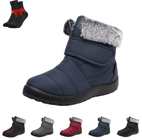 Kirposh Warme Winter-Schneestiefel for Damen, wasserdichte Winter-Schlupfstiefeletten, warme Anti-Rutsch-Schuhe, verstellbare Schneestiefel mit Klettverschluss(Blue,38 EU)