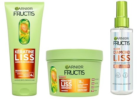 Garnier Fructis Kératine Liss Routine 3 Produits Cheveux Lisses & Brillants | Shampooing Masque & Spray Diamond Liss, 3 jours cheveux lisses, 100H brillance, Thermoprotecteur 230°C, Anti-Frisottis