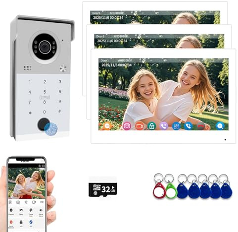 Wired Video Door Phone Kit Apartment Intercom System,7 Inch Touch Monitor,1080P Doorbell,Supporting Fingerprint,RFID Card,Password Unlock,Monitoring for Home Villa Tuya,32G (1 Doorbell + 3 Monitor)