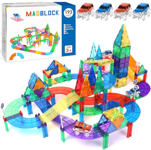 JUQG 193 st magnetisk spårlöpning byggklossleksak, magnetiska byggklossleksaker, magnetblock leksak med LED-racing för barn, lämplig för 3+ barn (193Pcs)