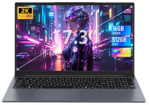 Rumtuk 17,3 Zoll Laptop,16GB DDR4 RAM,512GB NVMe SSD,N150(Beat N95 N5095) bis zu 3,6 GHz,FHD IPS Display,Lange Akkulaufzeit,Beleuchtete Tastatur,Webcam,WiFi,HDMI,Notebook für Schüler und BüroGrau