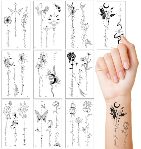 Qpout 10 Feuilles De Tatouages Temporaires Minimalistes En Ligne, Tatouages Temporaires Noir, RéAlistes, Sexy, Petits Faux Tatouages Avec Fleurs Croquis Lune, Papillon Pour Femmes Adultes