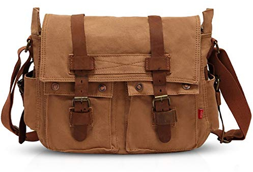 FANDARE Unisex kurirväska kanvas skolväska högskoleväska utomhus resa bokväska pendling arbete axelväska 14 tum laptop crossbody väska för män/kvinnor, gUL, L, Kurirväska