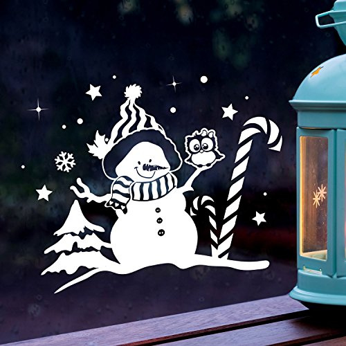Fensterbild Schneemann & Eule Fensterbilder Fensterdeko Winterlandschaft M 27x21cm + Sterne & Schneeflocken selbstklebend für Kinder M2262 ilka parey wandtattoo-welt®