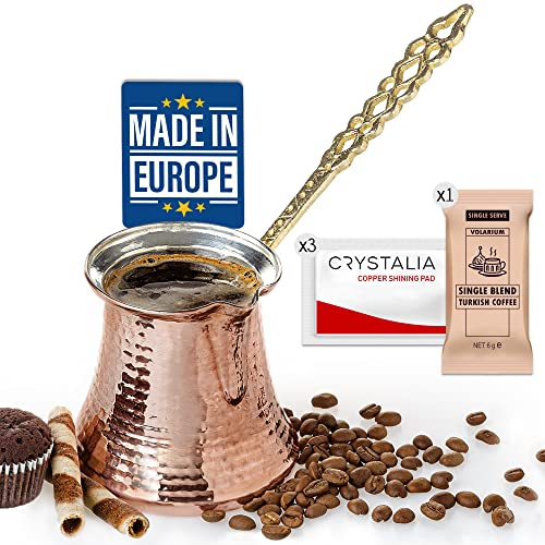 Volarium CRYSTALIA Premium Quality Large Turkish Coffee Pot, 425ml Greek Arabic Coffee Maker, Hammered Copper Cezve, Copper Pot, Greek/Arabic Coffe Pot, Turkish Cofee Maker