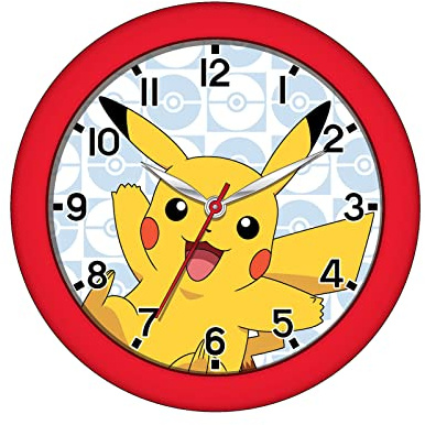 Accutime POK3159 Kinder Wanduhr Pikachu, Runde Analoguhr zum Lernen der Zeit, Dekoration für das Kinderzimmer, Batteriebetriebene Quarzuhr, Pokémon Uhr für Jungen und Mädchen, Kinderuhr Rot/Gelb