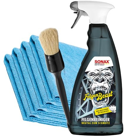 detailmate SONAX FelgenBeast 1L Set Premium: Säurefreier Felgenreiniger mit Wirkindikator zur schonenden Felgenreinigung + ValetPRO Reinigungspinsel + 4 Mikrofasertücher 320 GSM